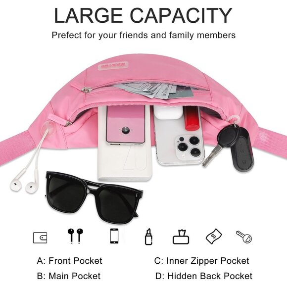 Women Men Hot Pink Large Crossbody Fanny Pack Belt Bag Hands-Free Waist Pack - Picture 3 of 6